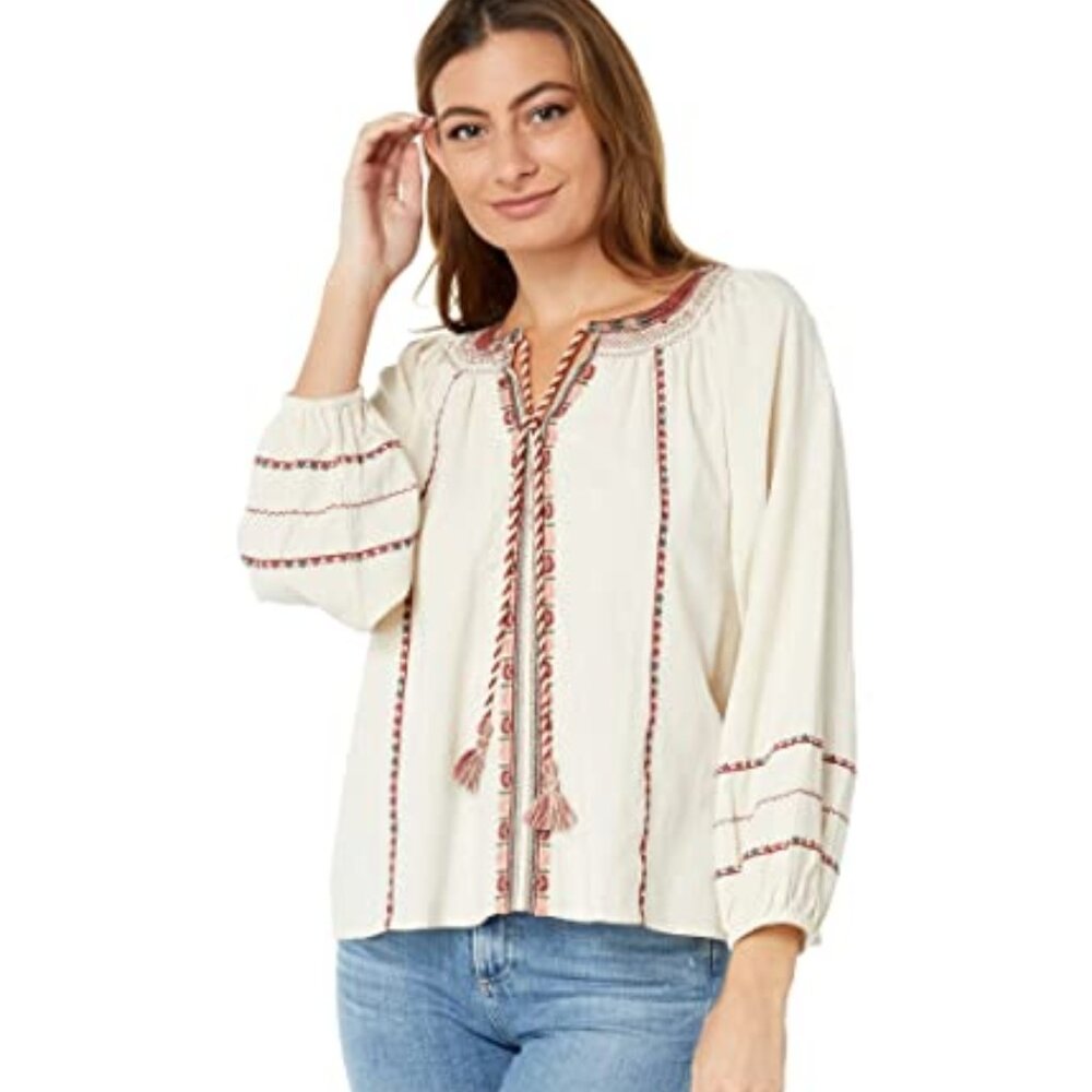 NWT $99 LUCKY BRAND Long Sleeve Peasant Embroidered Blouse / Top – Med
